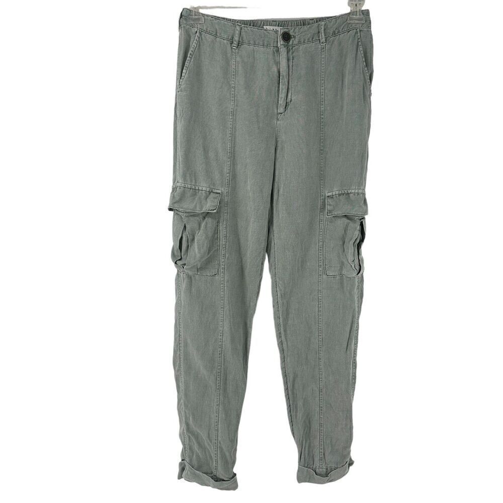 Nicole Miller Linen Cargo Pants Green Size S Tapered Cuffed Utility Breathable